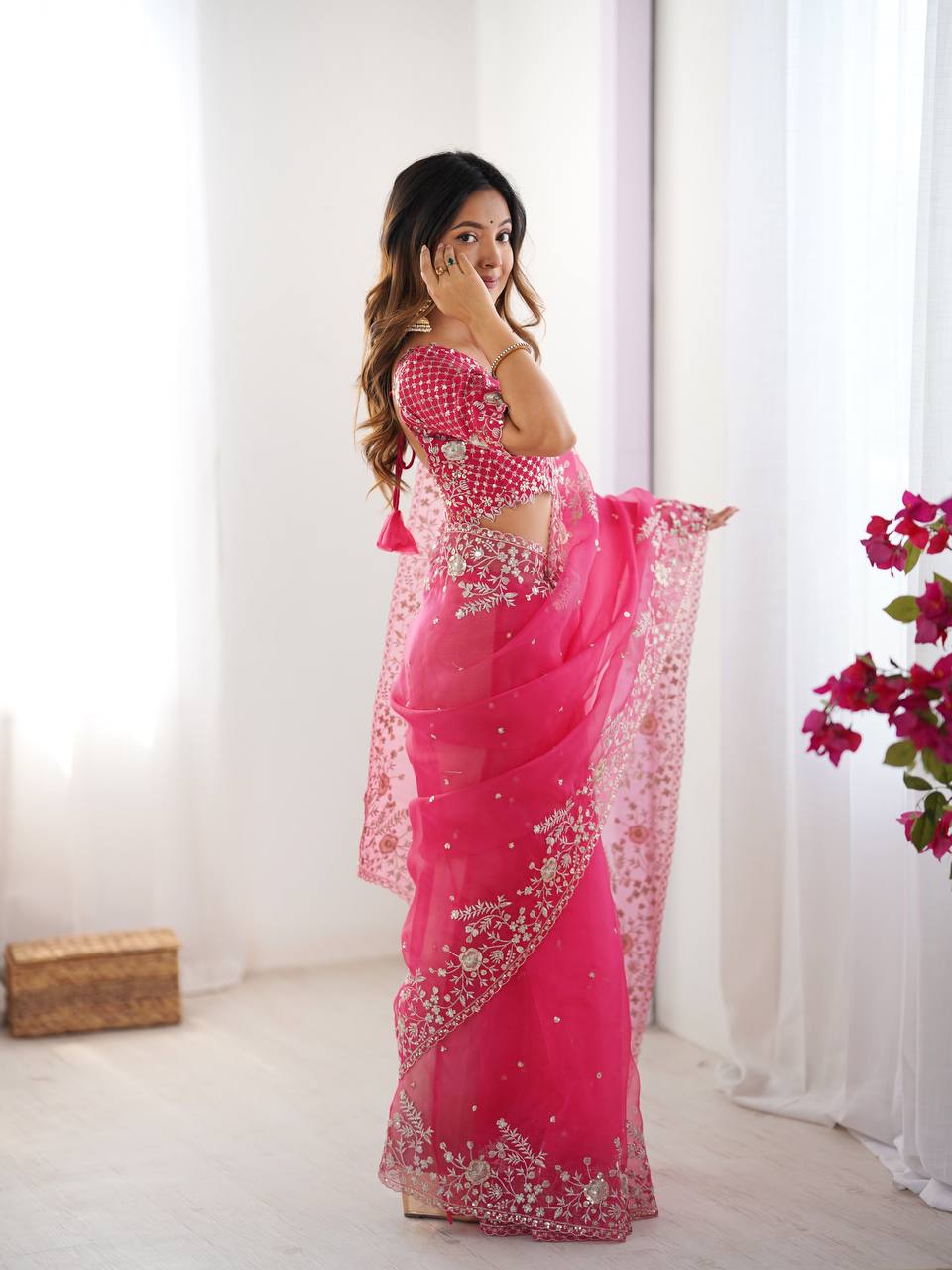 Women's Organza Silk Embroidered Saree with Unstitched Blouse