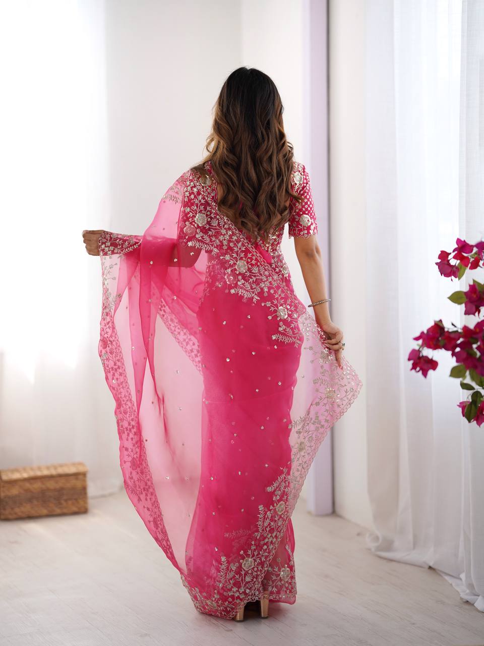 Women's Organza Silk Embroidered Saree with Unstitched Blouse