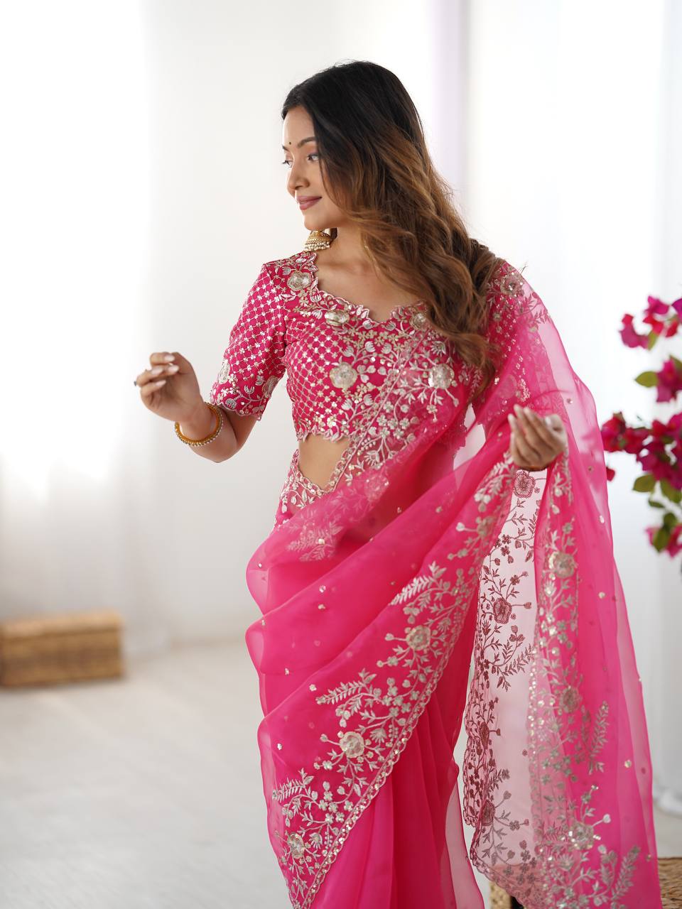 Women's Organza Silk Embroidered Saree with Unstitched Blouse