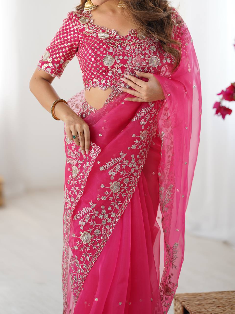 Women's Organza Silk Embroidered Saree with Unstitched Blouse