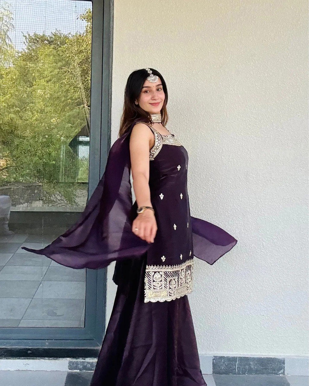 Women's Fandy Kurta Palazzo Set with Lace Border Dupatta