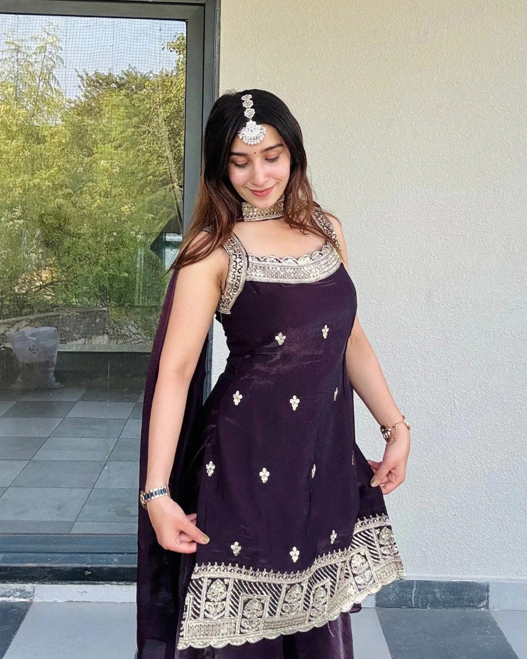 Women's Fandy Kurta Palazzo Set with Lace Border Dupatta