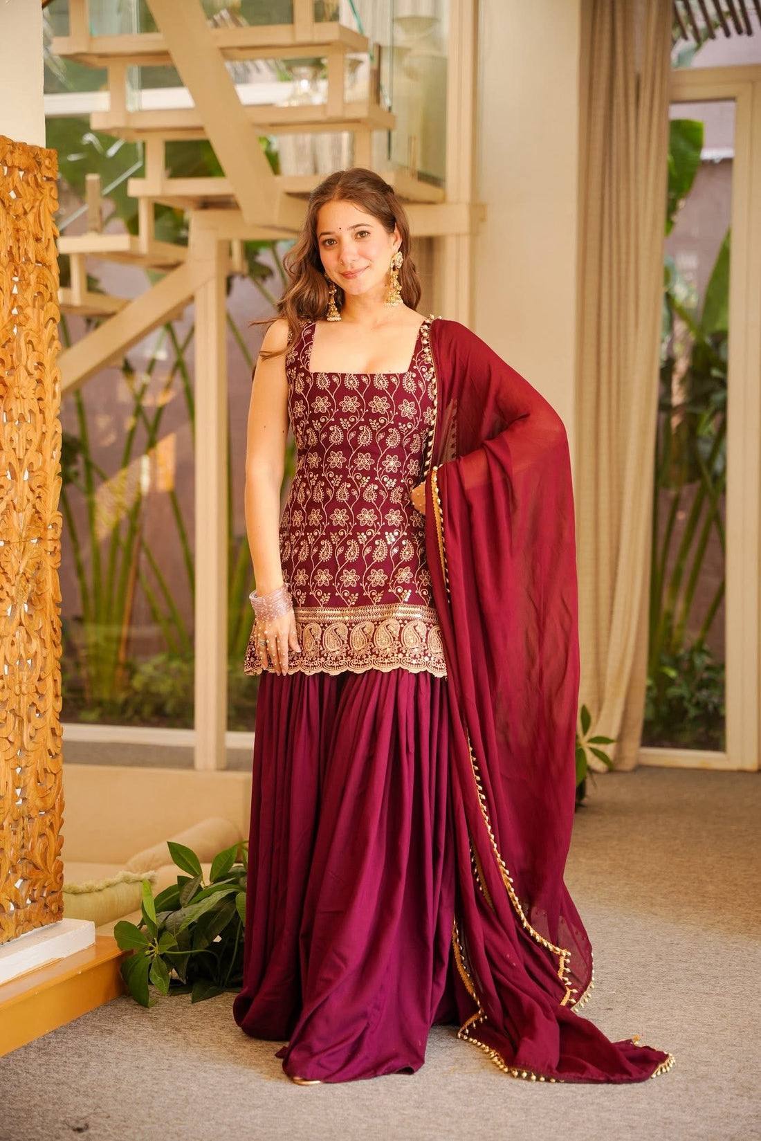 Faux Georgette Embroidered Kurti Palazzo Set with Fancy Lace Dupatta