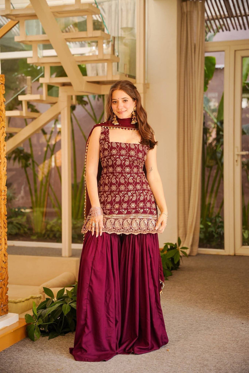 Faux Georgette Embroidered Kurti Palazzo Set with Fancy Lace Dupatta