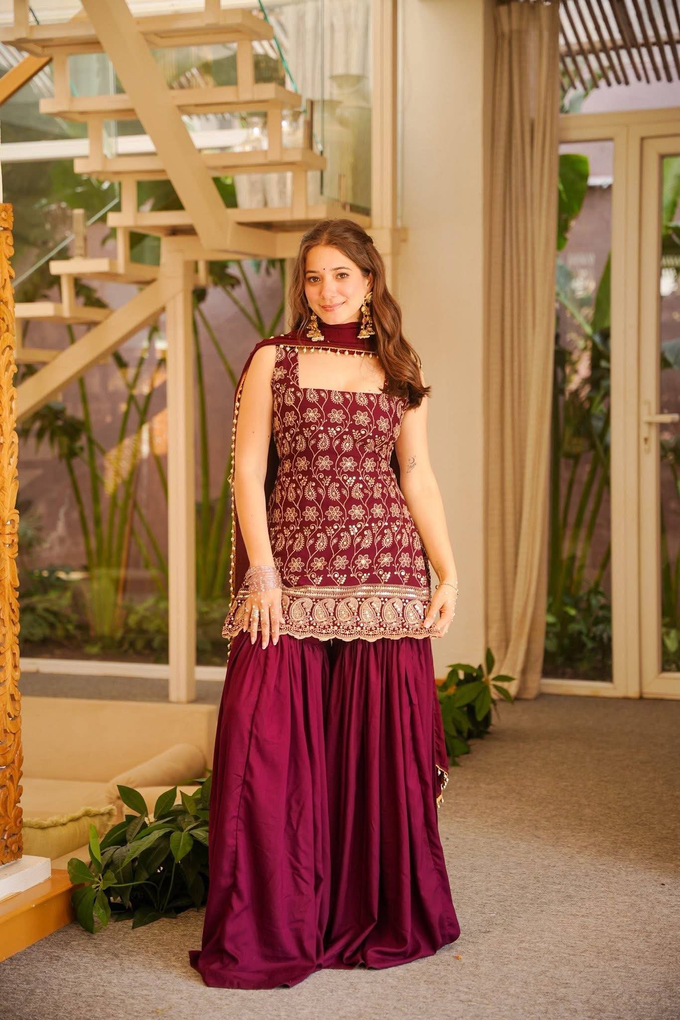 Faux Georgette Embroidered Kurti Palazzo Set with Fancy Lace Dupatta