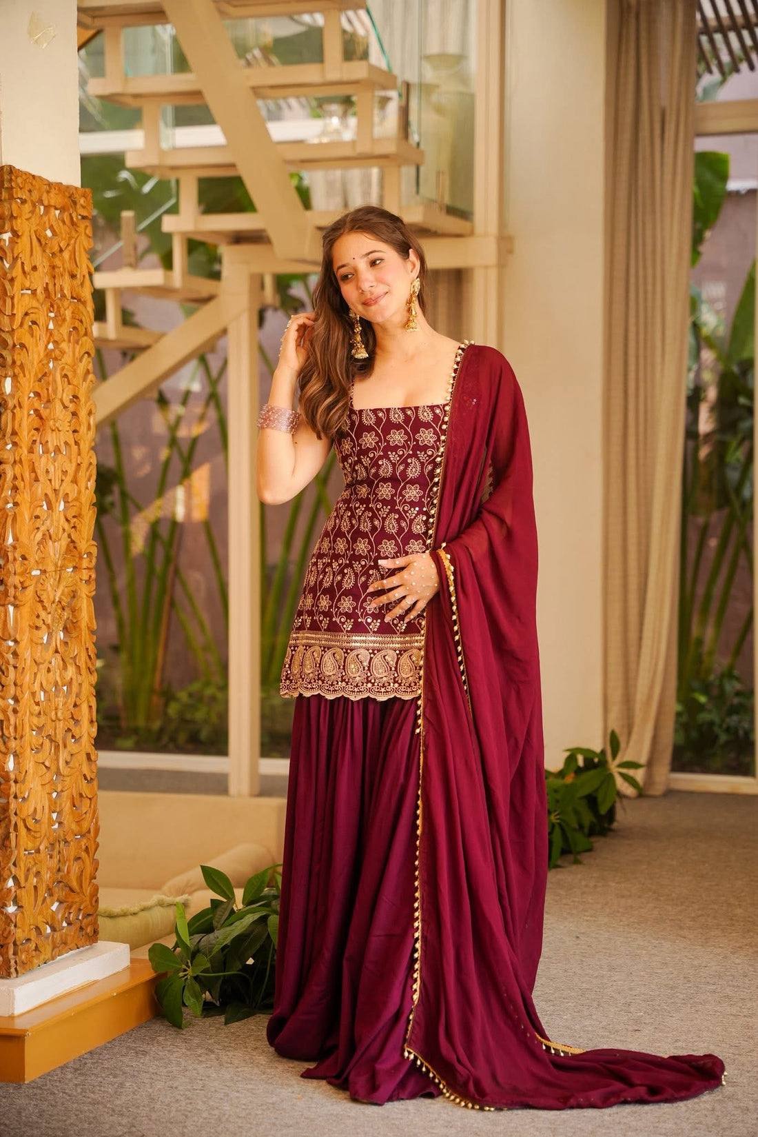 Faux Georgette Embroidered Kurti Palazzo Set with Fancy Lace Dupatta
