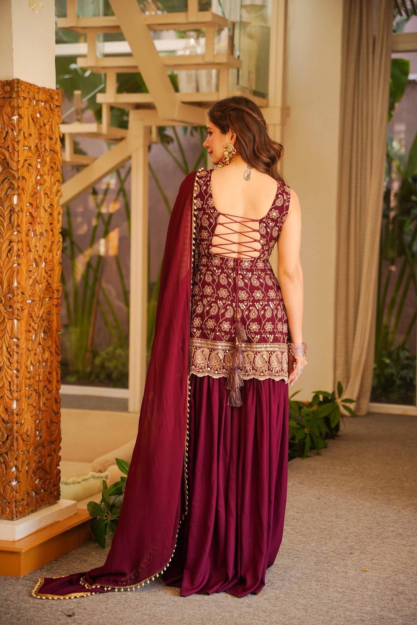 Faux Georgette Embroidered Kurti Palazzo Set with Fancy Lace Dupatta
