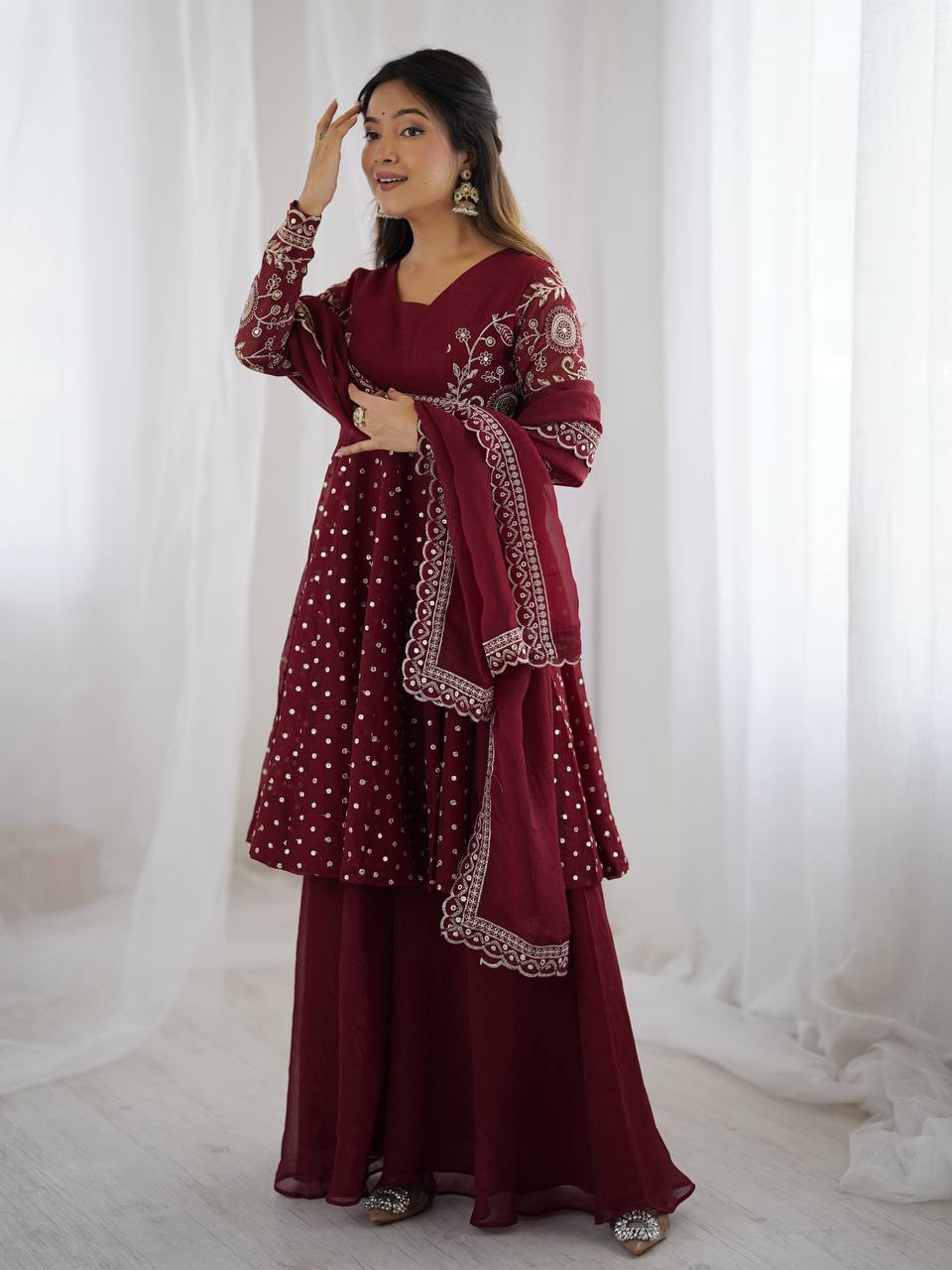 Women's Crunchy Silk Embroidered Sharara Palazzo Set with Dupatta