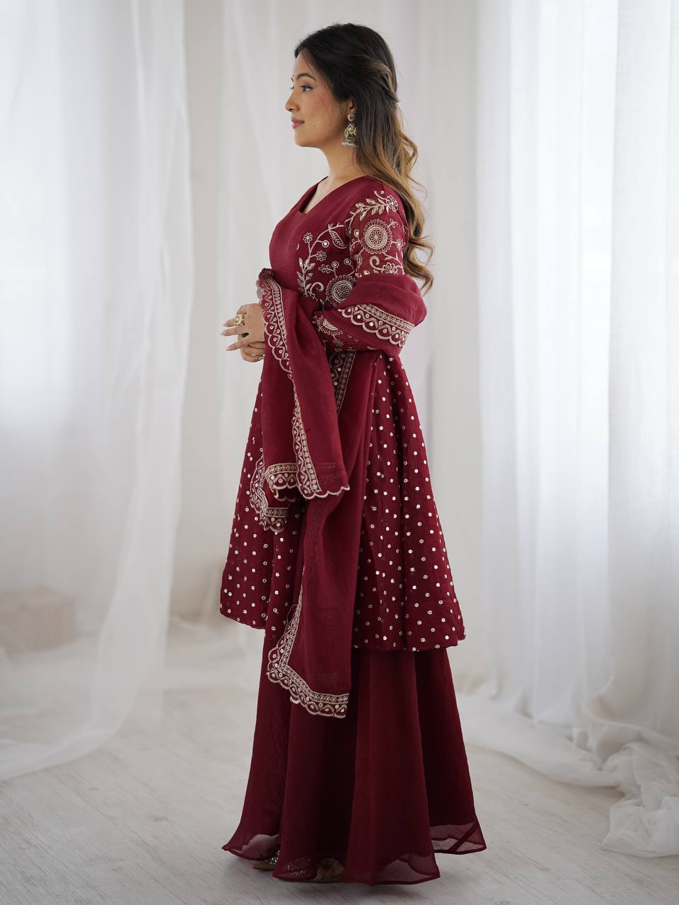 Women's Crunchy Silk Embroidered Sharara Palazzo Set with Dupatta