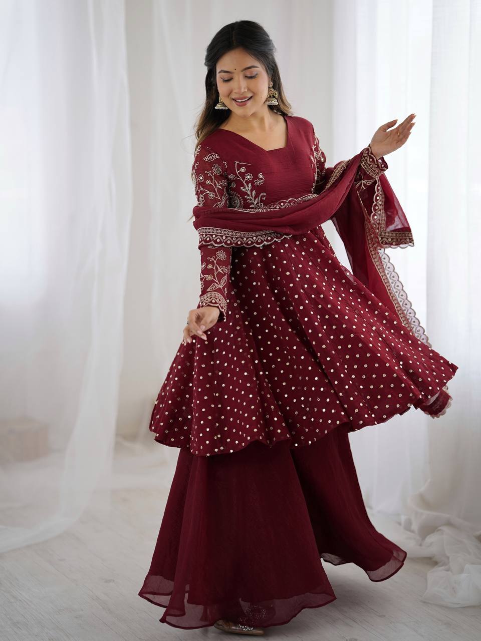Women's Crunchy Silk Embroidered Sharara Palazzo Set with Dupatta