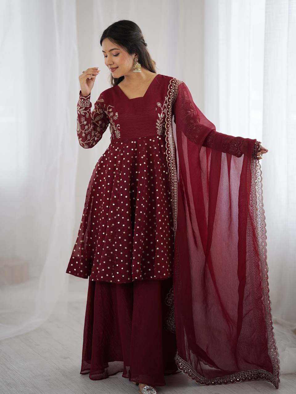 Women's Crunchy Silk Embroidered Sharara Palazzo Set with Dupatta