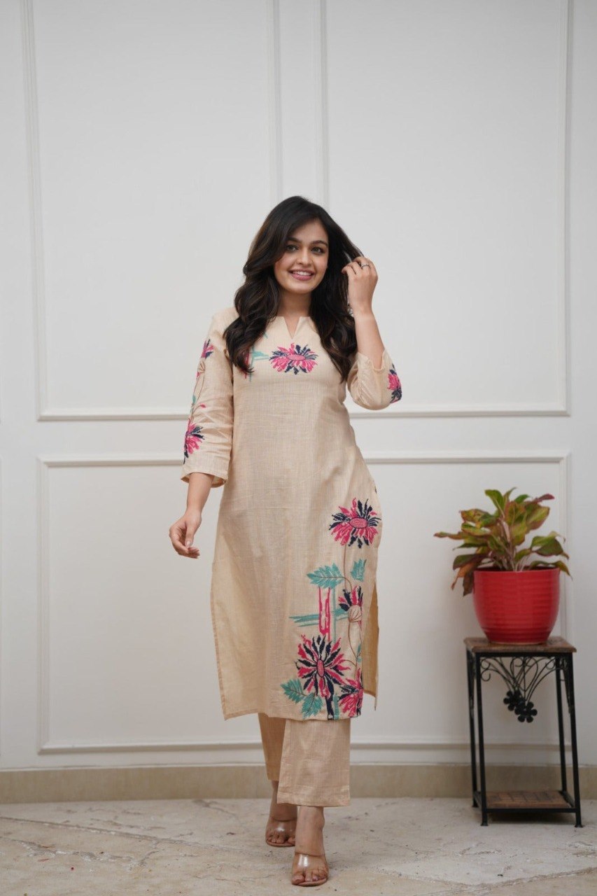 Women's Cream Embroidered Cotton Blend Co-Ord Set with Kurta and Bottom