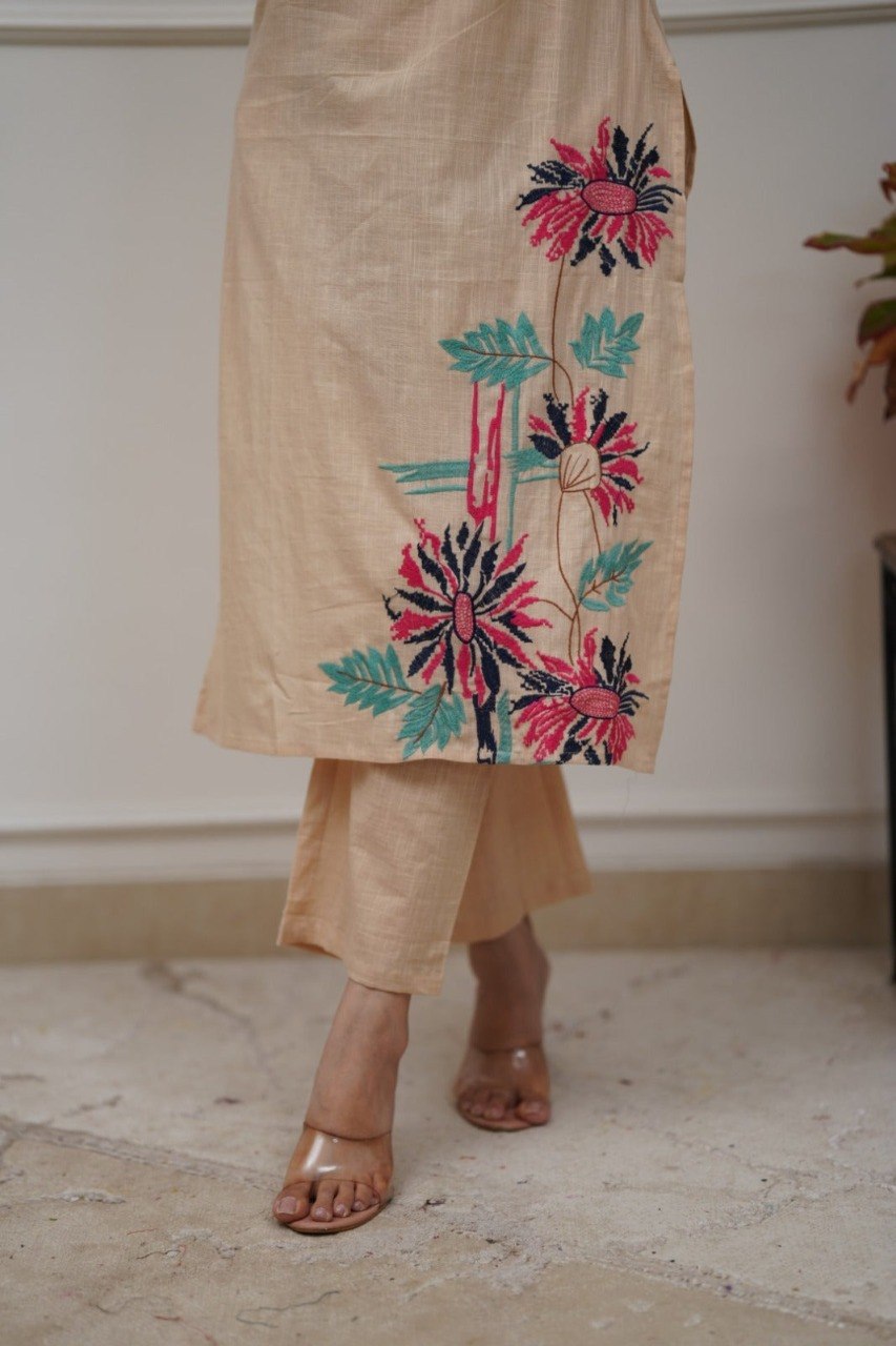 Women's Cream Embroidered Cotton Blend Co-Ord Set with Kurta and Bottom
