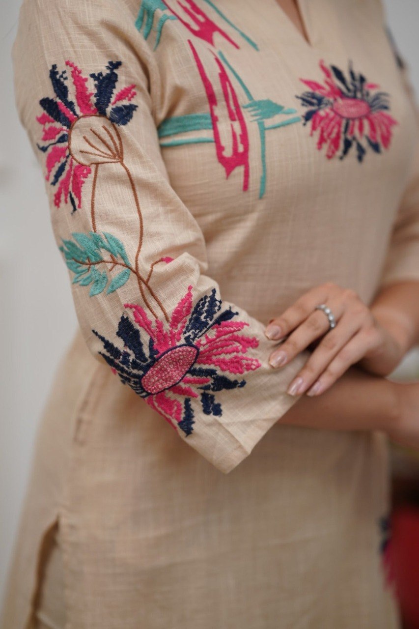 Women's Cream Embroidered Cotton Blend Co-Ord Set with Kurta and Bottom