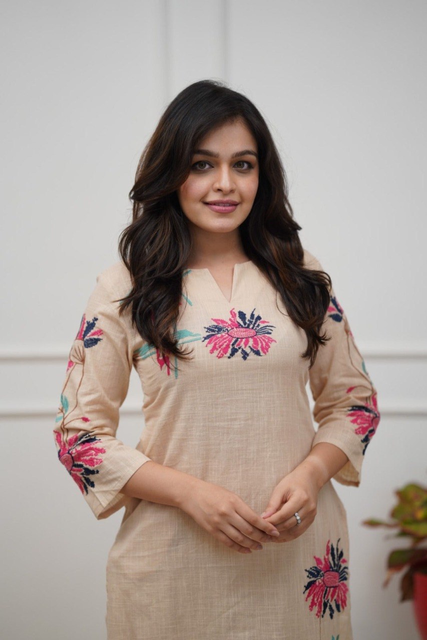 Women's Cream Embroidered Cotton Blend Co-Ord Set with Kurta and Bottom