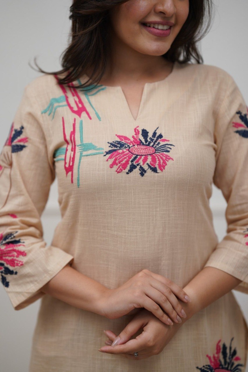 Women's Cream Embroidered Cotton Blend Co-Ord Set with Kurta and Bottom