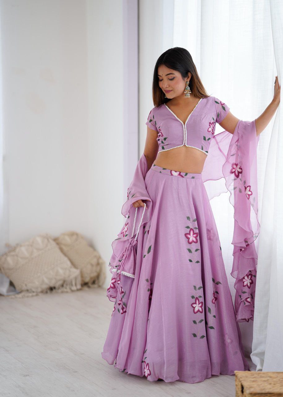 Fandy Crush Hand-Painted Lehenga Choli with Pearl Lace Blouse & Cascade Dupatta