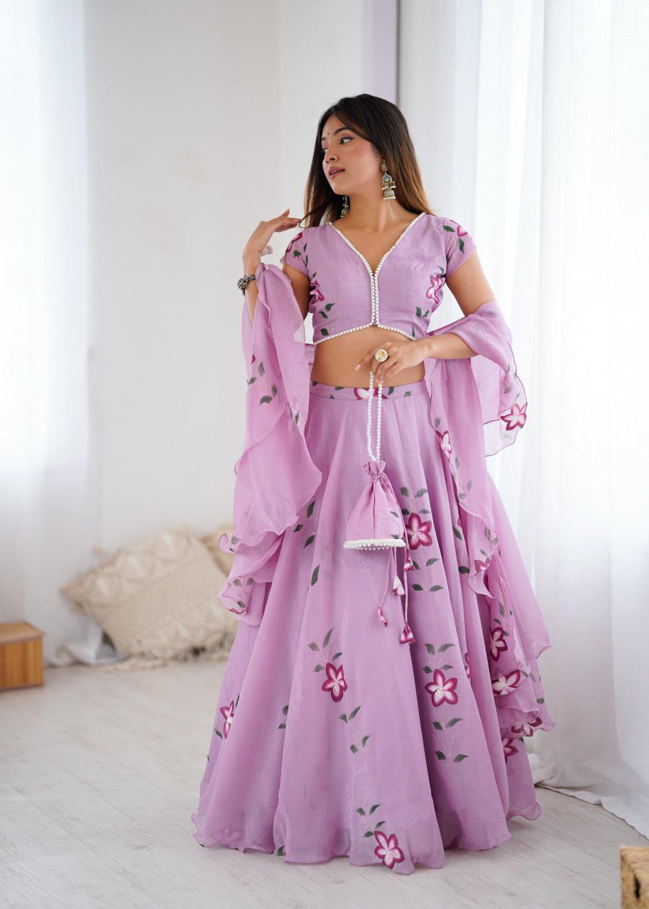 Fandy Crush Hand-Painted Lehenga Choli with Pearl Lace Blouse & Cascade Dupatta