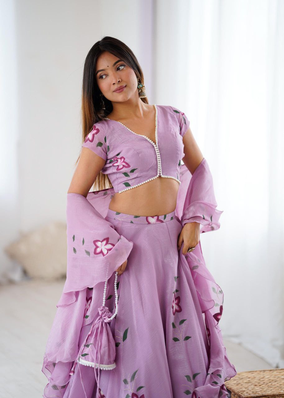 Fandy Crush Hand-Painted Lehenga Choli with Pearl Lace Blouse & Cascade Dupatta