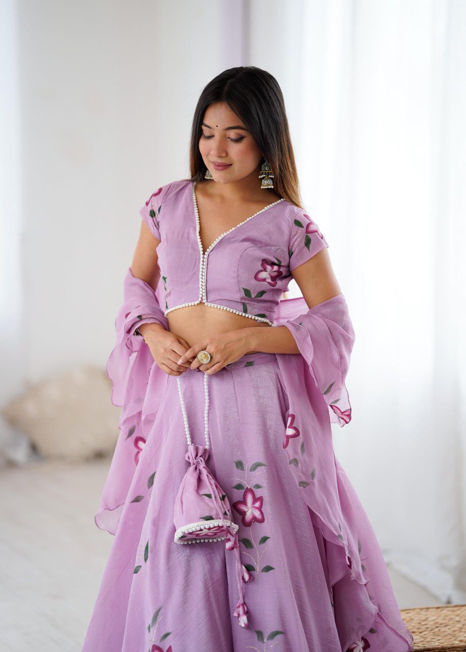 Fandy Crush Hand-Painted Lehenga Choli with Pearl Lace Blouse & Cascade Dupatta