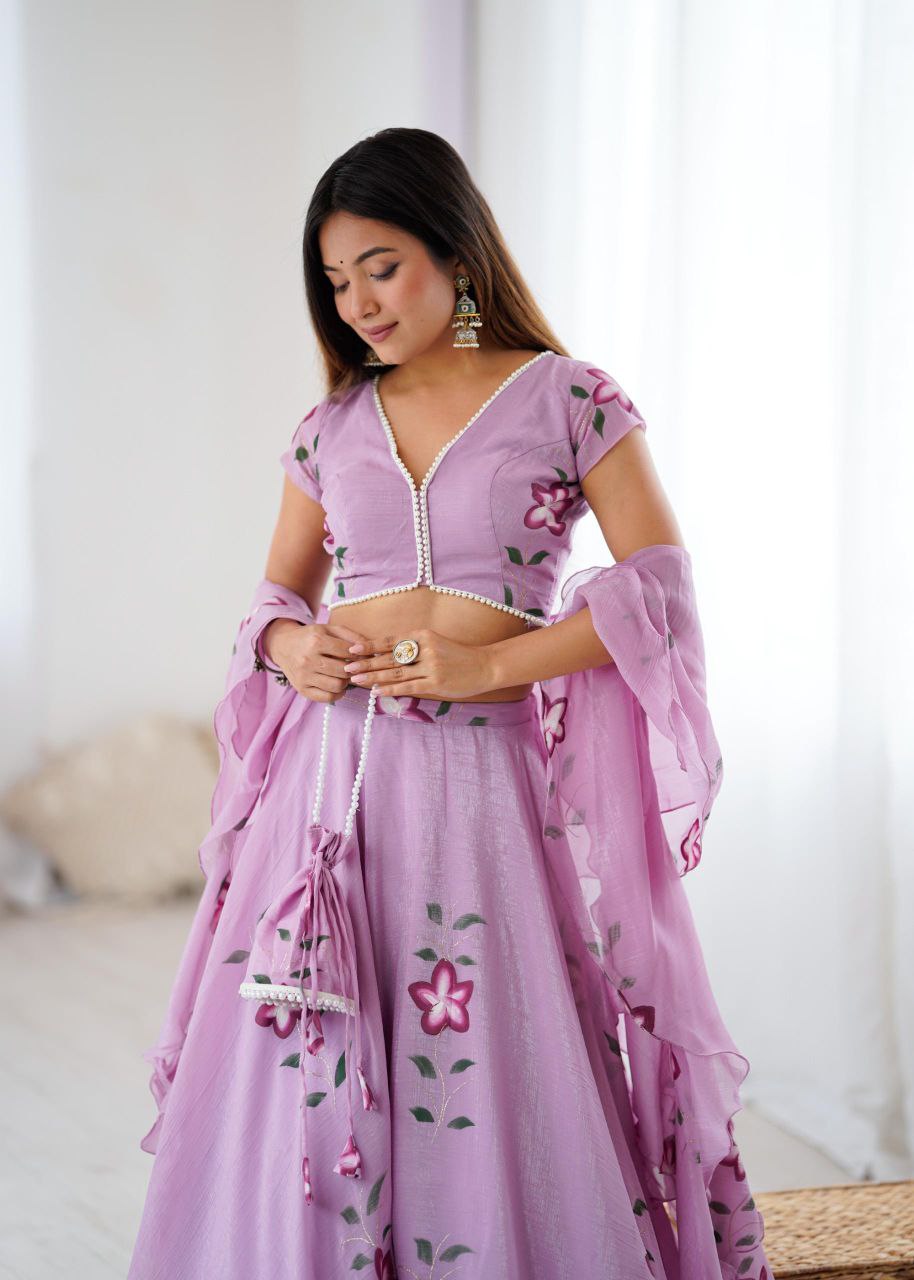 Fandy Crush Hand-Painted Lehenga Choli with Pearl Lace Blouse & Cascade Dupatta