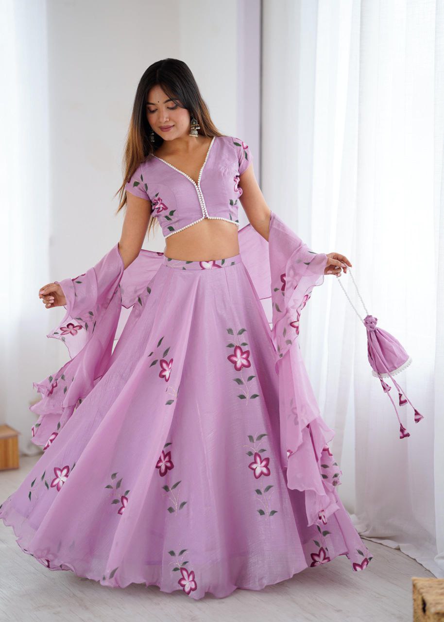 Fandy Crush Hand-Painted Lehenga Choli with Pearl Lace Blouse & Cascade Dupatta