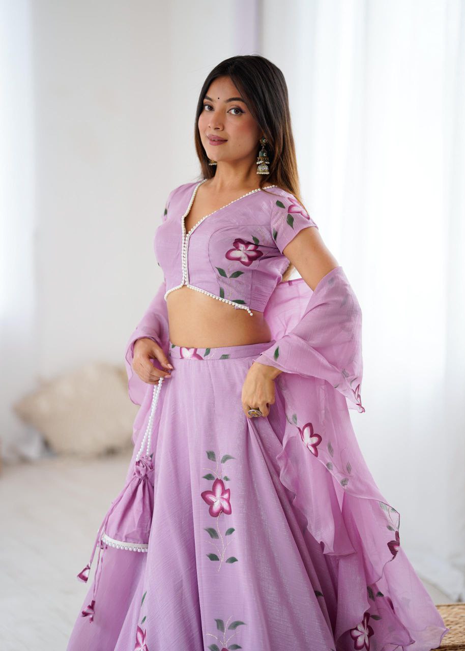 Fandy Crush Hand-Painted Lehenga Choli with Pearl Lace Blouse & Cascade Dupatta