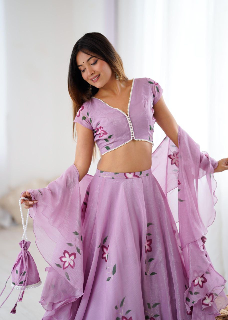Fandy Crush Hand-Painted Lehenga Choli with Pearl Lace Blouse & Cascade Dupatta