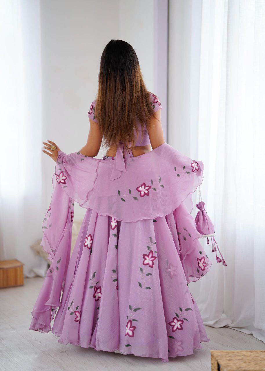 Fandy Crush Hand-Painted Lehenga Choli with Pearl Lace Blouse & Cascade Dupatta