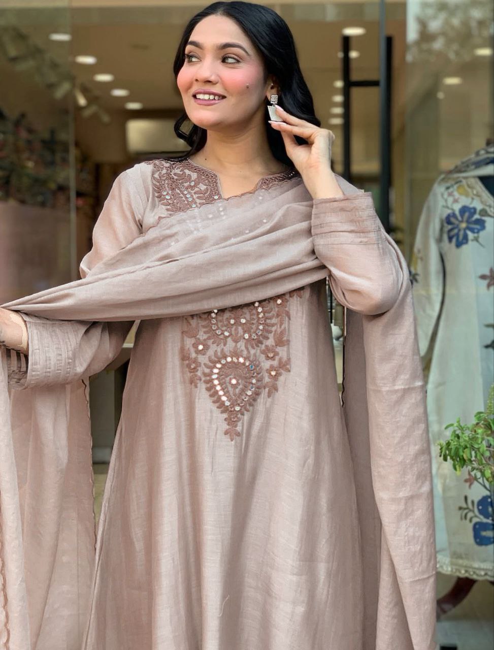 Premium Roman Silk Embroidered Kurta Pant Set with Chanderi Silk Dupatta