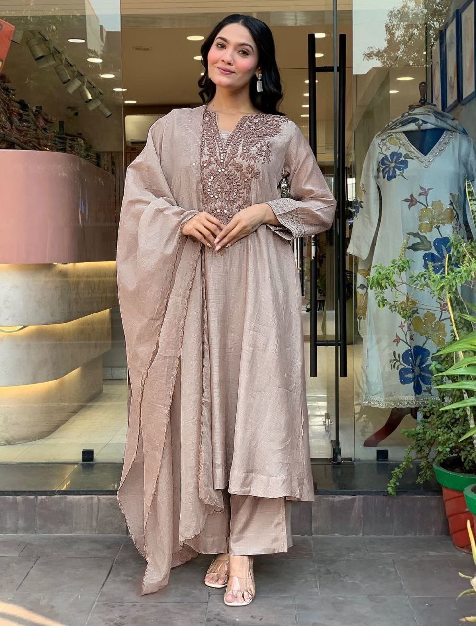 Premium Roman Silk Embroidered Kurta Pant Set with Chanderi Silk Dupatta