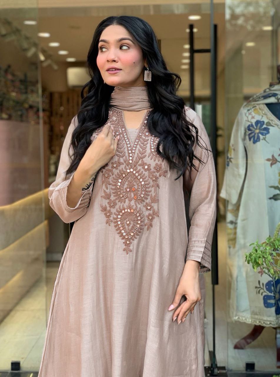 Premium Roman Silk Embroidered Kurta Pant Set with Chanderi Silk Dupatta