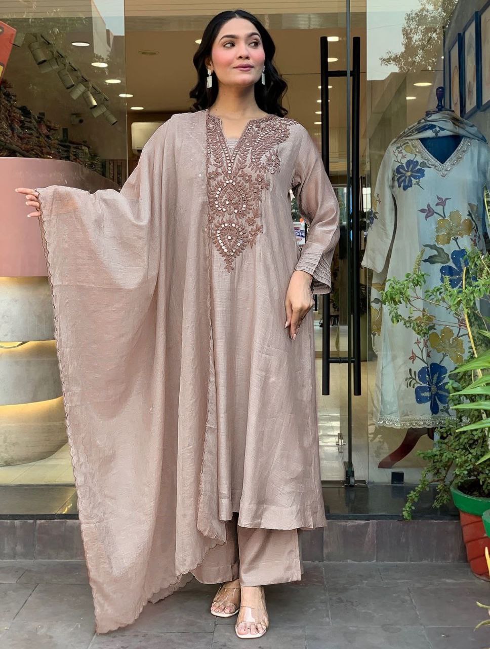 Premium Roman Silk Embroidered Kurta Pant Set with Chanderi Silk Dupatta