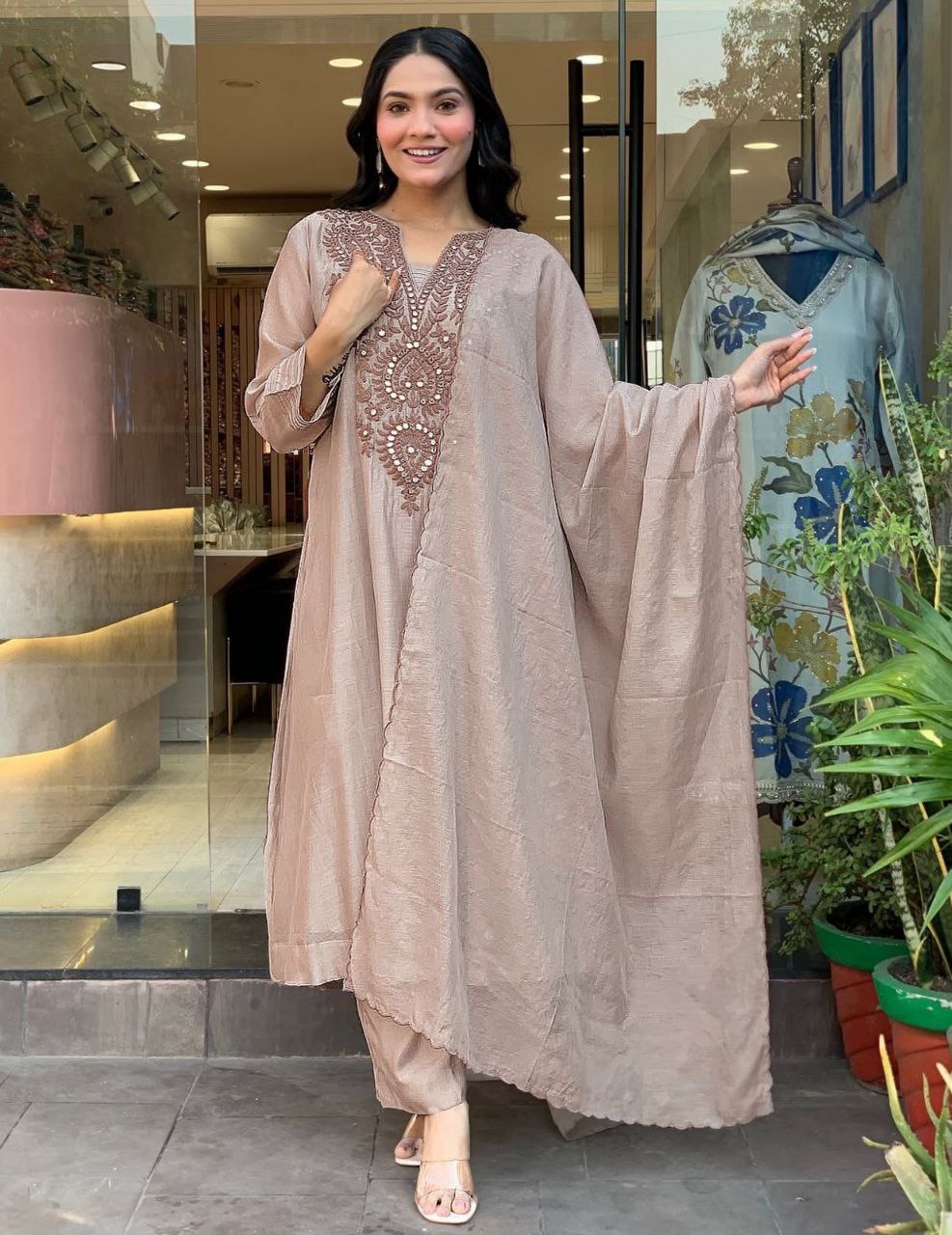 Premium Roman Silk Embroidered Kurta Pant Set with Chanderi Silk Dupatta