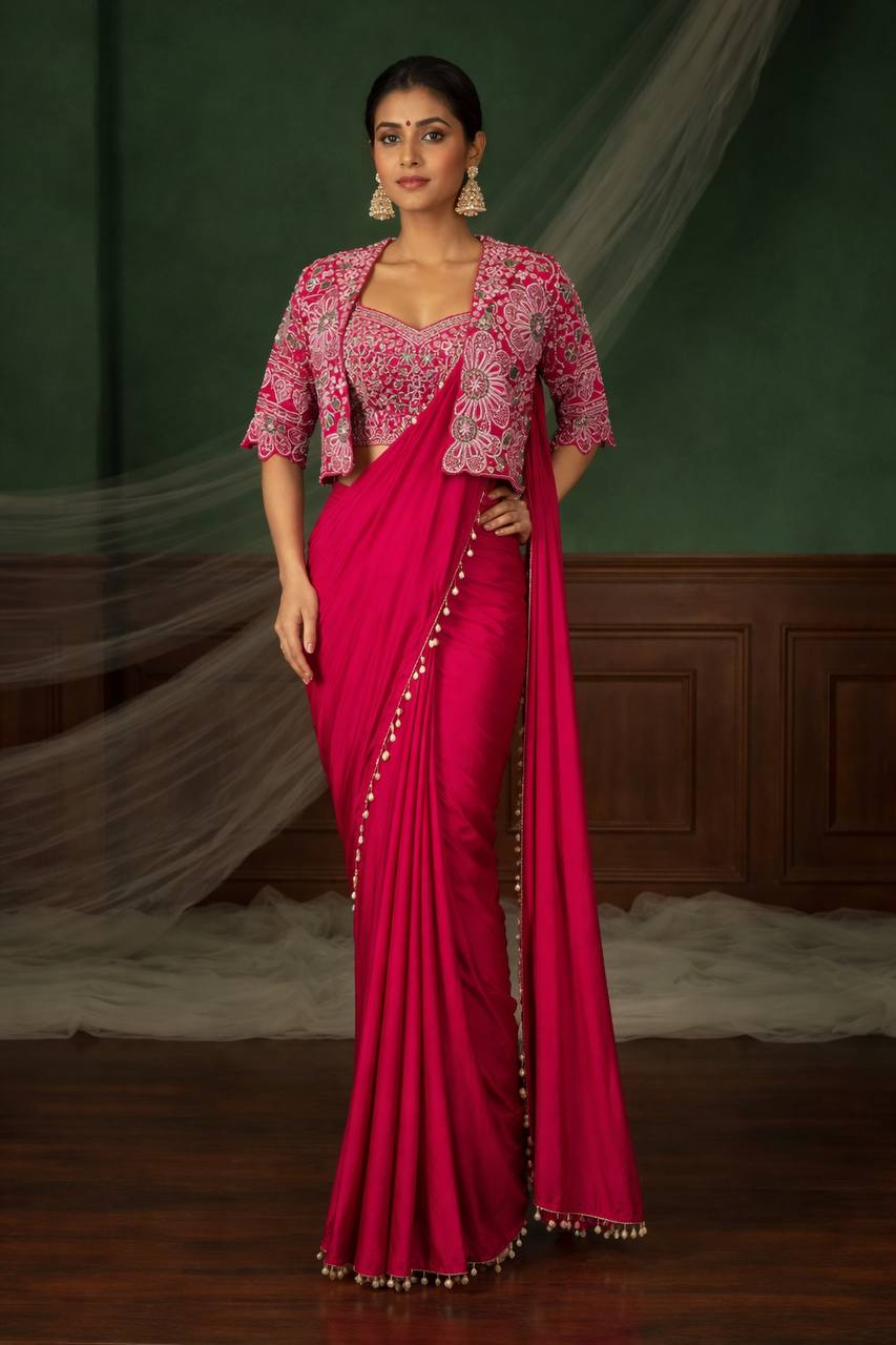 Women's Heavy Crepe Silk Ready-to-Wear Saree with Embroidered Koti and Blouse