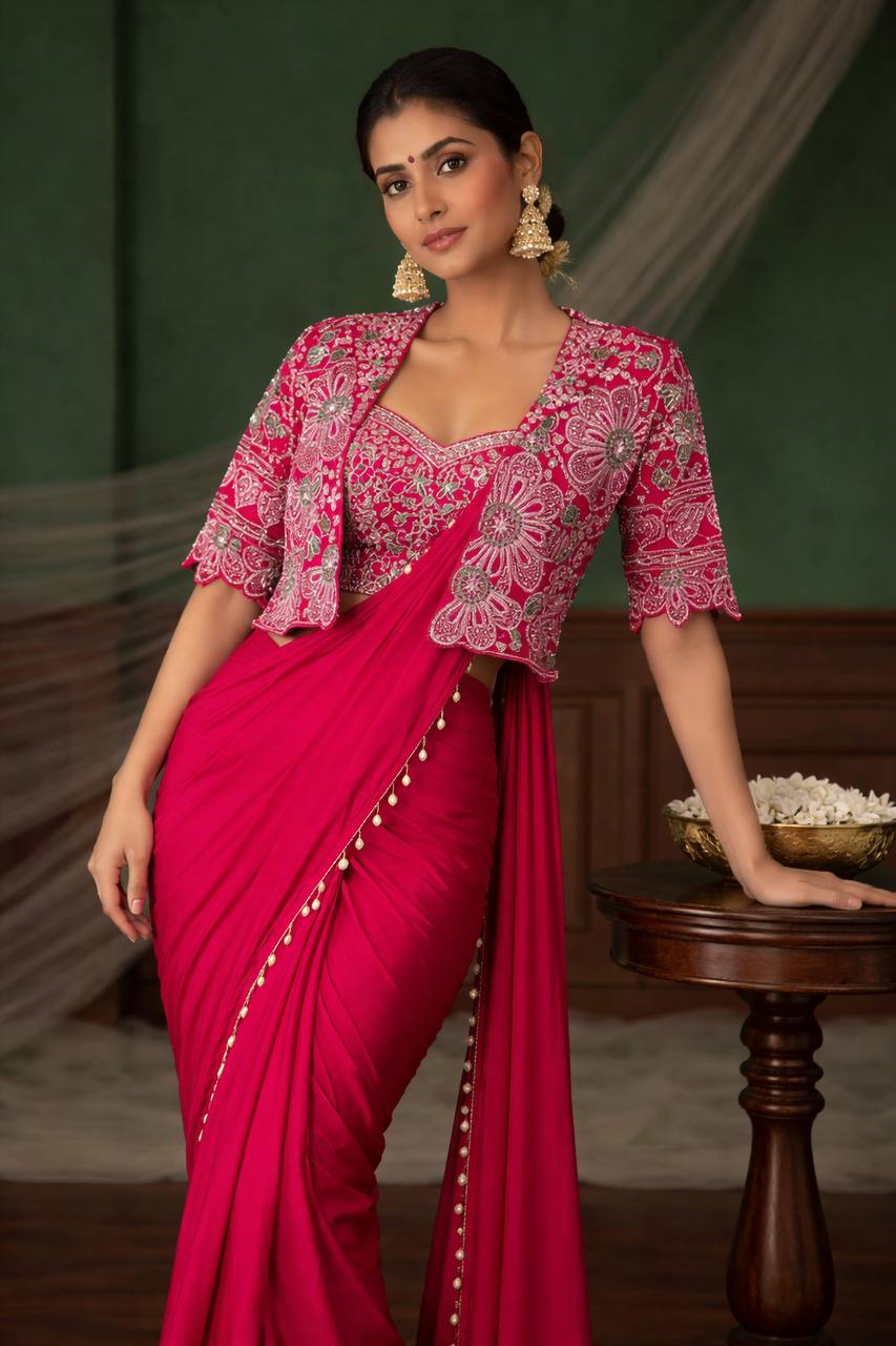 Women's Heavy Crepe Silk Ready-to-Wear Saree with Embroidered Koti and Blouse