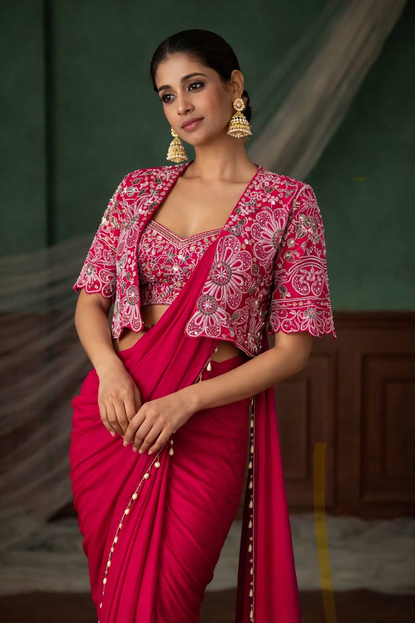 Women's Heavy Crepe Silk Ready-to-Wear Saree with Embroidered Koti and Blouse