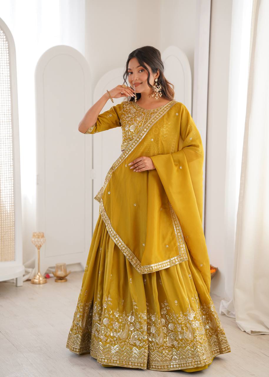 Women's Shimmer Silk Embroidered Lehenga Choli Set with Dupatta