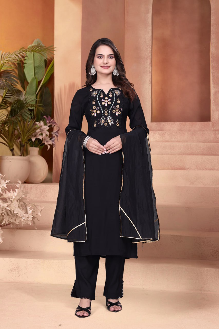 Mulchanderi Mirror Hand Work Kurta Set with Dupatta