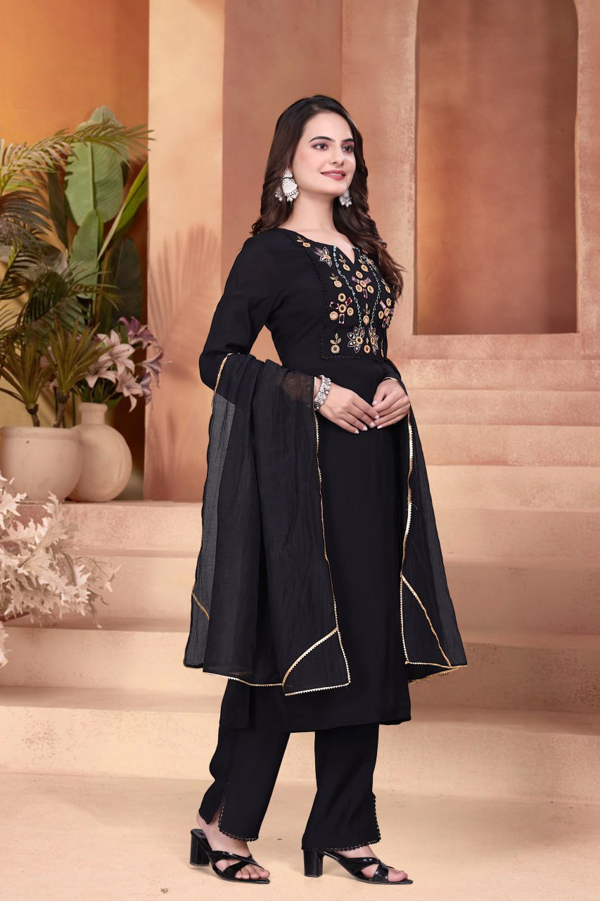 Mulchanderi Mirror Hand Work Kurta Set with Dupatta
