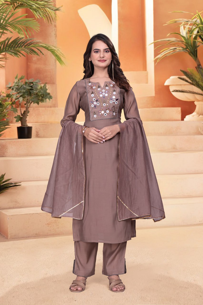 Mulchanderi Mirror Hand Work Kurta Set with Dupatta
