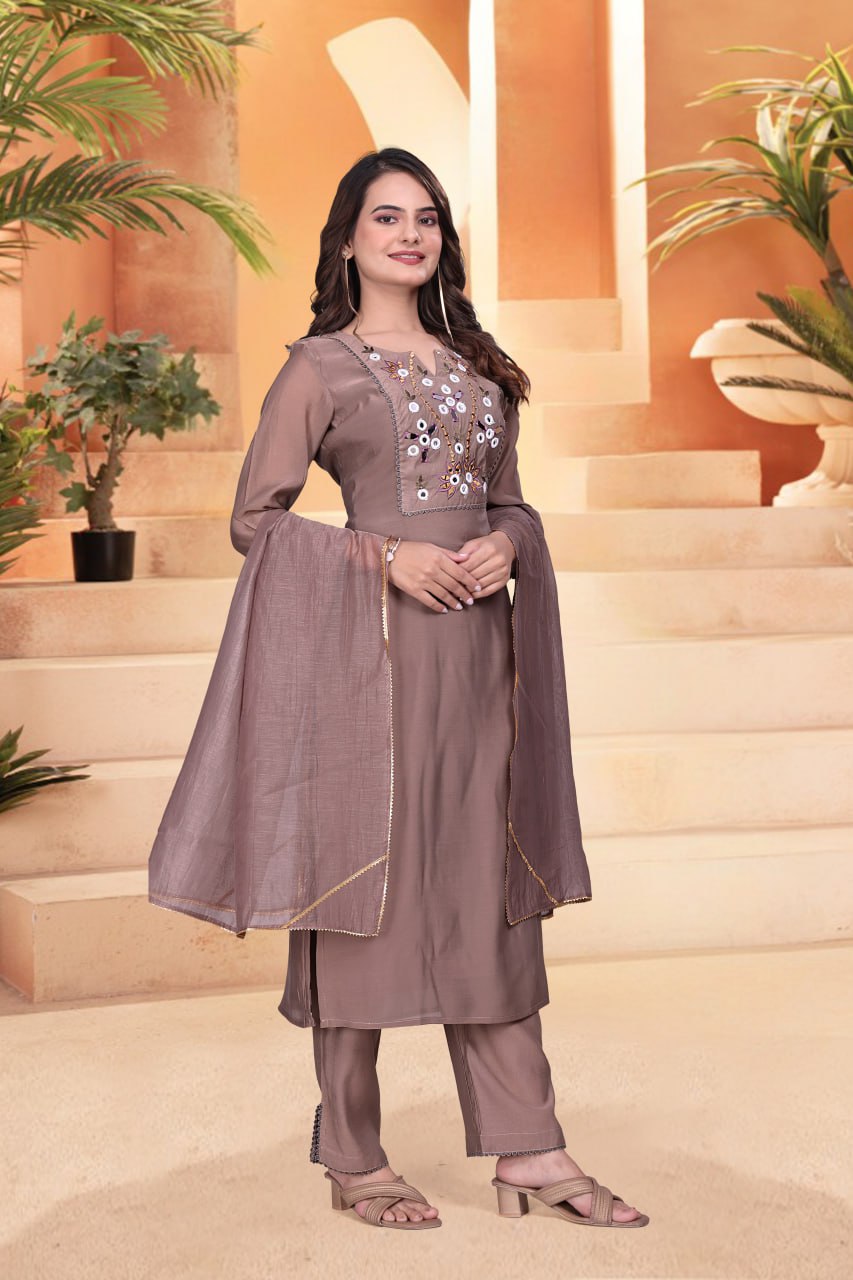 Mulchanderi Mirror Hand Work Kurta Set with Dupatta