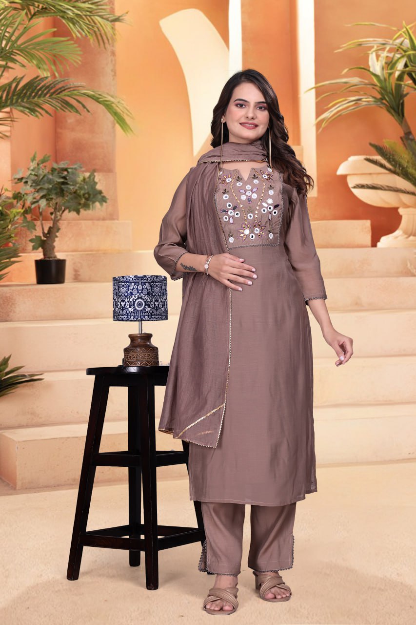 Mulchanderi Mirror Hand Work Kurta Set with Dupatta