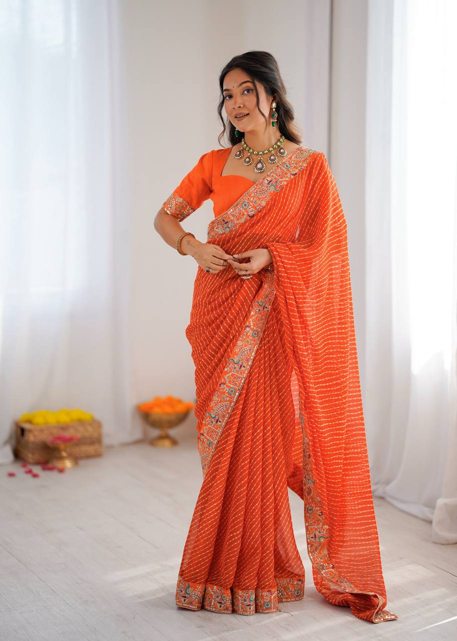 Designer Faux Georgette Embroidered Saree with Badhani Print & Benglori Silk Blouse