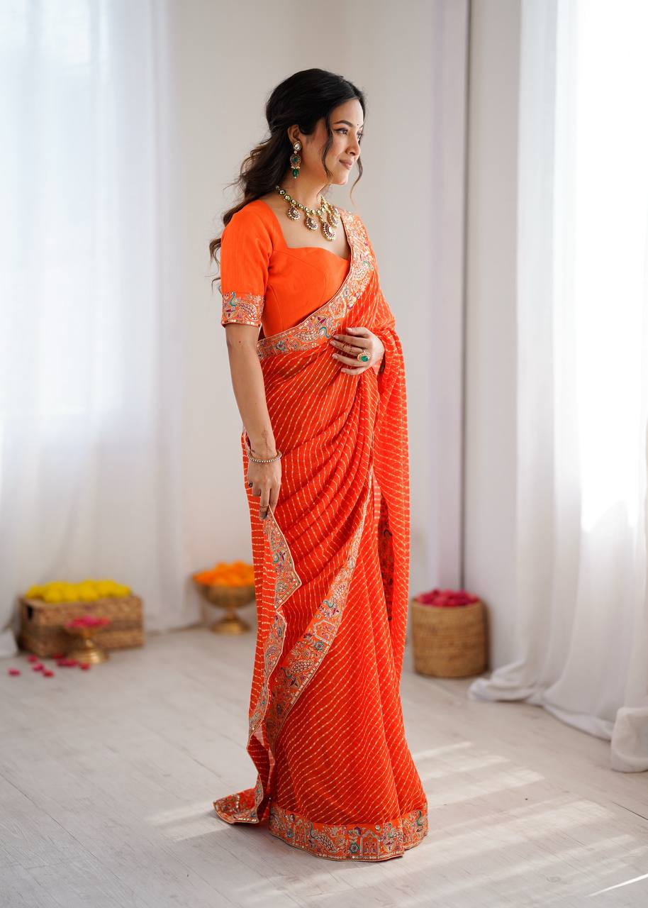 Designer Faux Georgette Embroidered Saree with Badhani Print & Benglori Silk Blouse