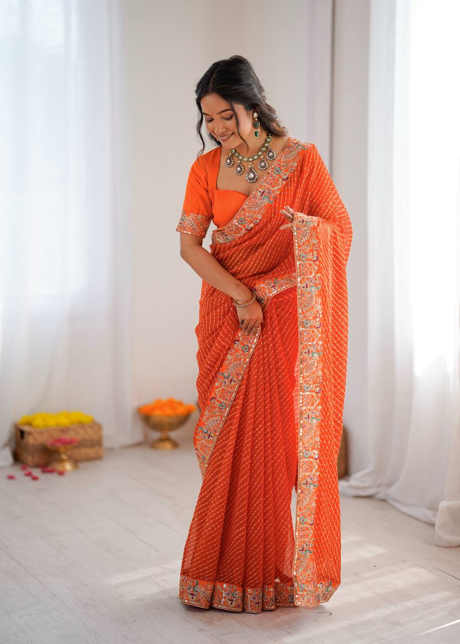 Designer Faux Georgette Embroidered Saree with Badhani Print & Benglori Silk Blouse