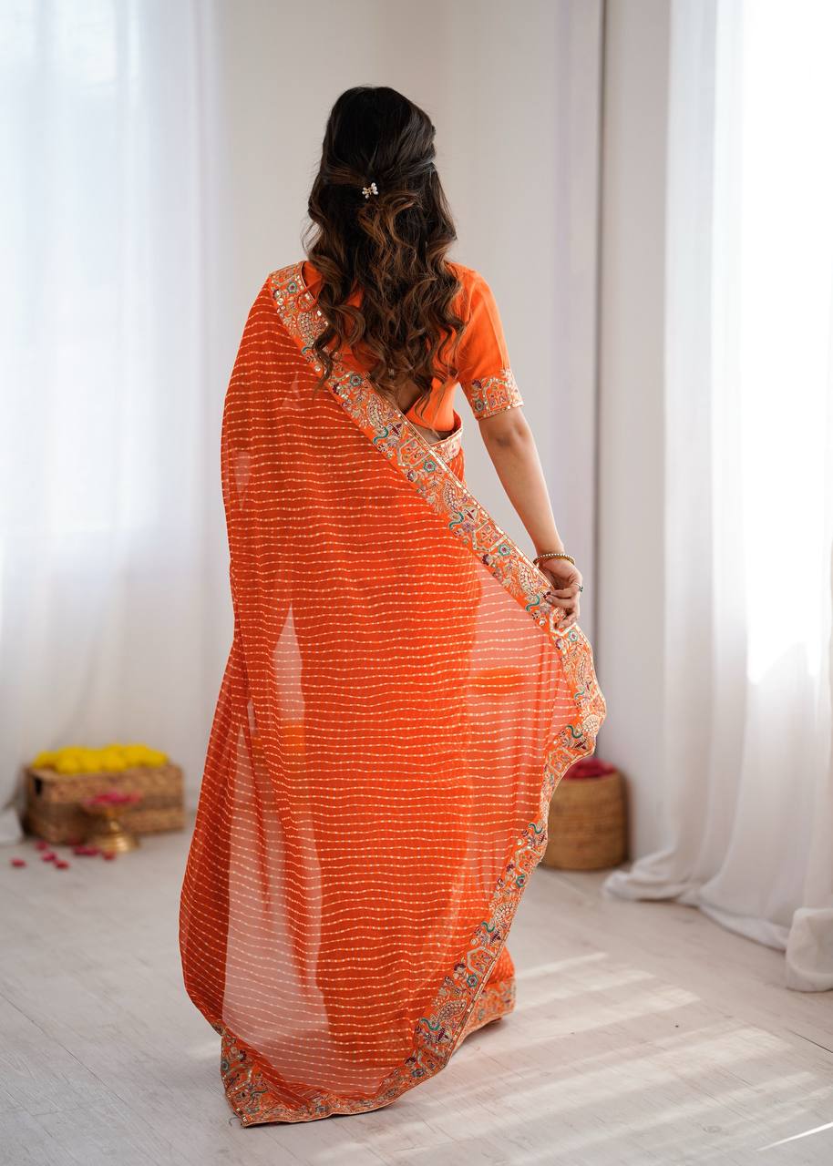 Designer Faux Georgette Embroidered Saree with Badhani Print & Benglori Silk Blouse