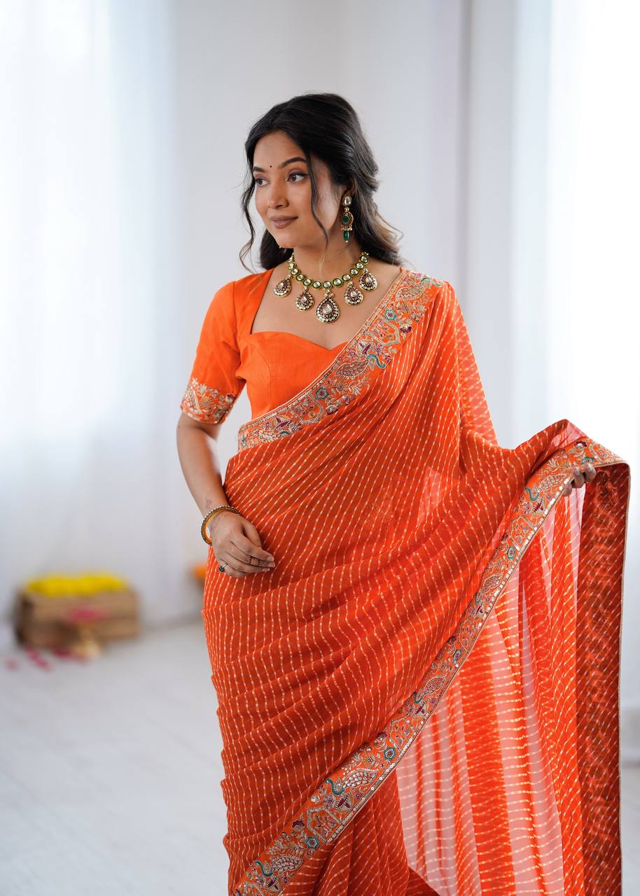 Designer Faux Georgette Embroidered Saree with Badhani Print & Benglori Silk Blouse