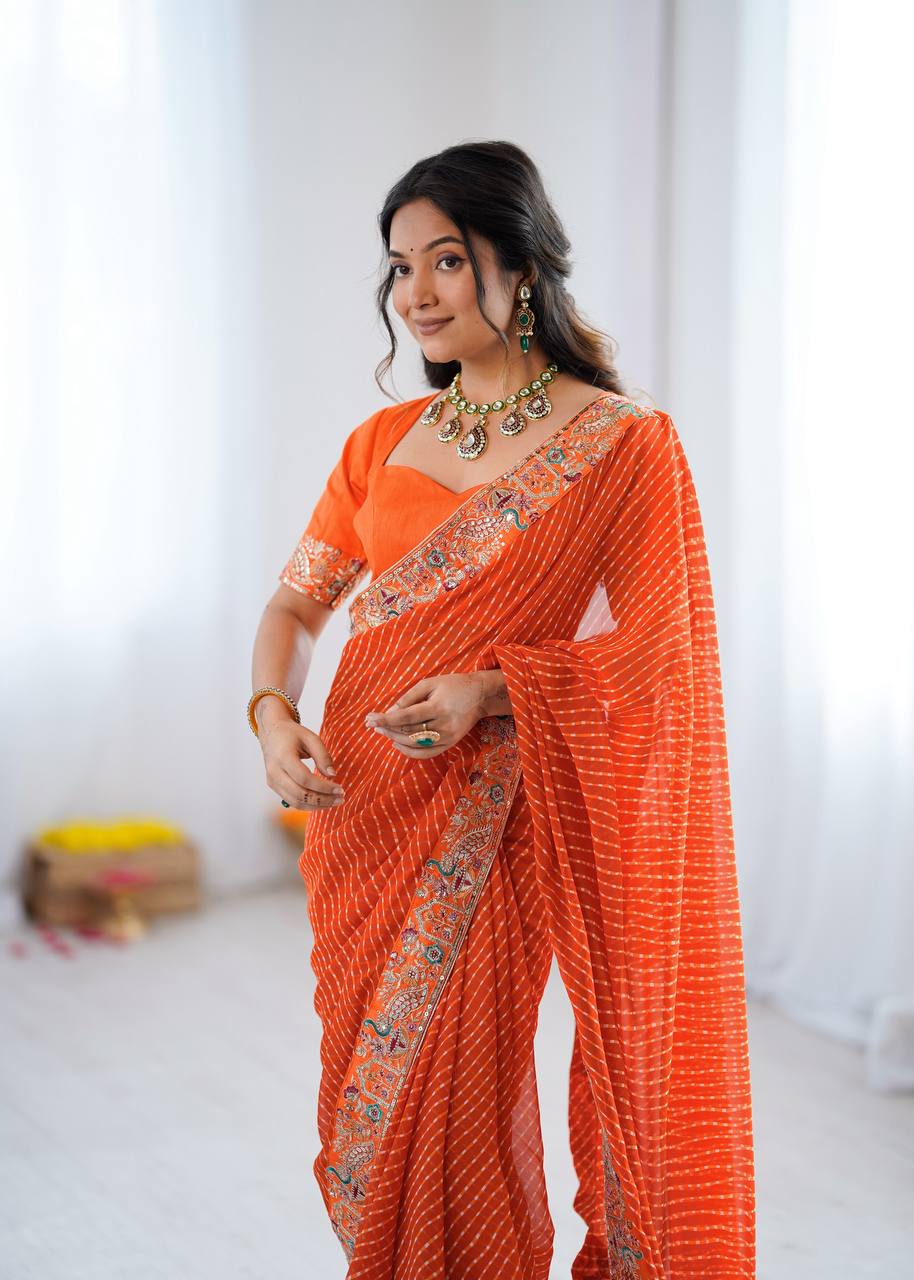 Designer Faux Georgette Embroidered Saree with Badhani Print & Benglori Silk Blouse