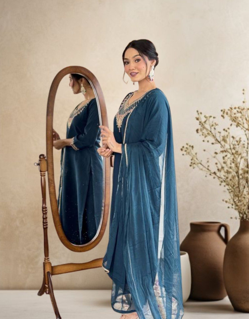 Women's Embroidered Chanderi Kurta Pant Set with Chinon Dupatta